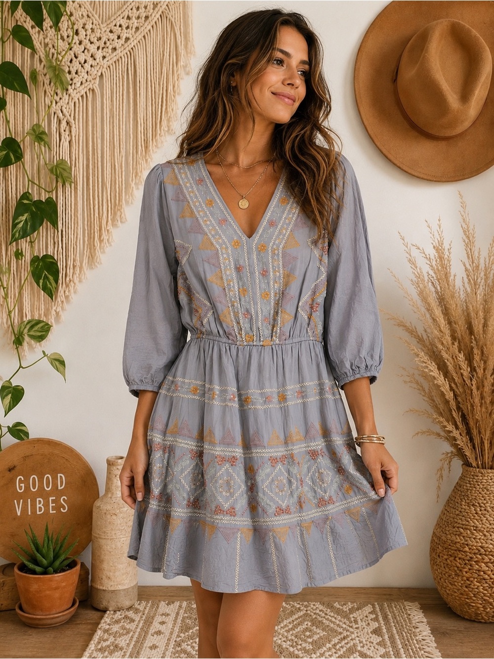 Savanna Jane Embroidered V-Neck Mini Dress